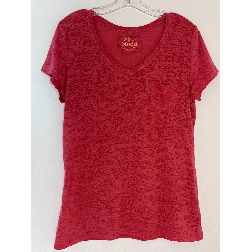 Mudd Womens Red Y2K Burnout V-Neck Pocket T-Shirt XL Short Sleeve‎ Tee